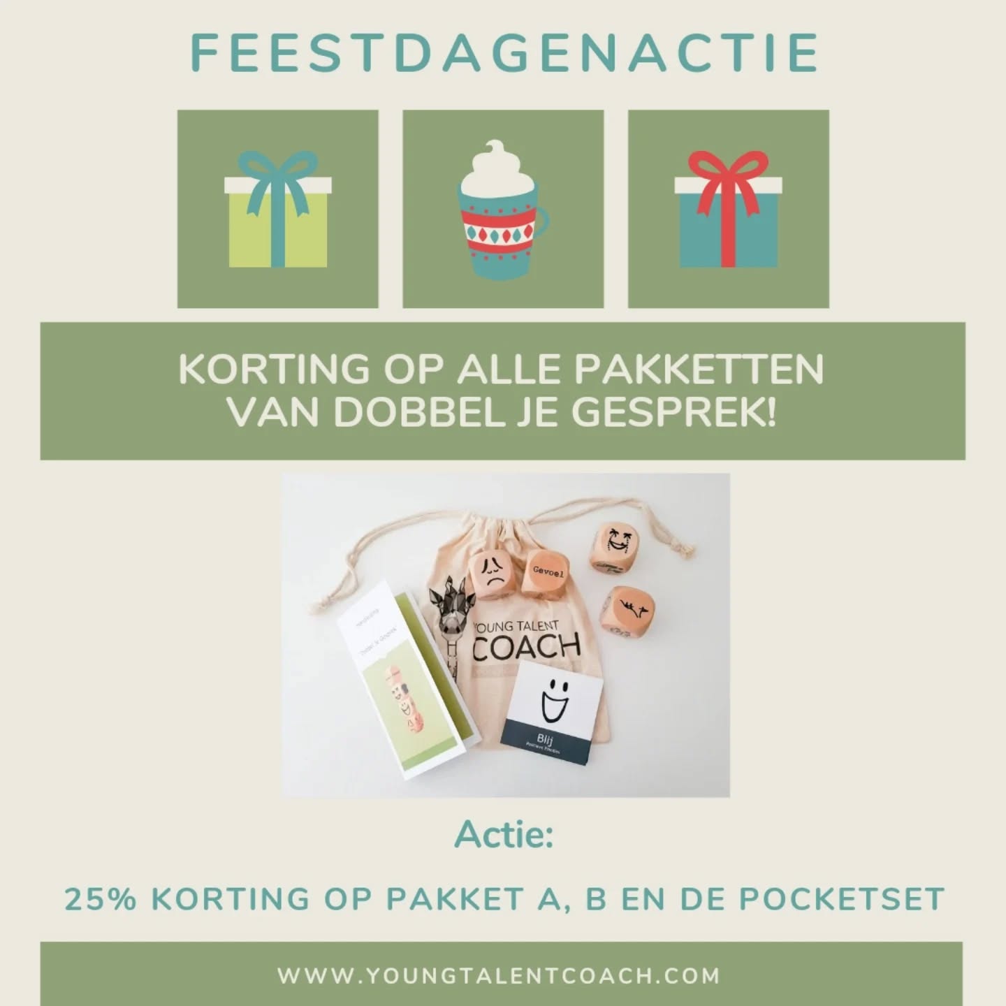 De decembermaand is bijna aangebroken, een maand vol feestdagen en gezelligheid. Om dit met jullie te vieren geven wij jullie de gehele maand 25% korting op alle Dobbel je Gesprek pakketten met de kortingscode: december25. 

Hopelijk mag deze gesprekstool jullie in het nieuwe jaar, 2025, helpen met het voeren van mooie, inspirerende en ondersteunende gesprekken. 🥳

#dobbeljegesprek #korting #feestmaand #pocketset #gesprekken #tool